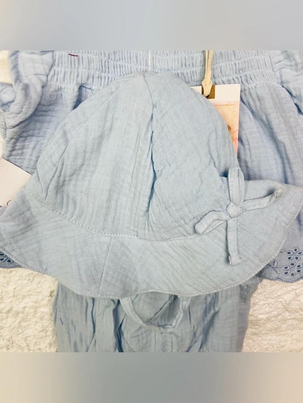 NWT Jessica Simpson Light Blue Cotton Gauze top & Bottoms Set with Matching Hat